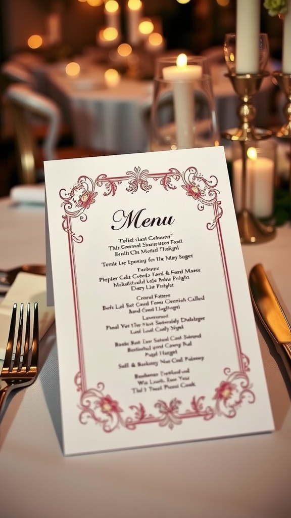 Elegant Dinner Menu Design Ideas An elegant dinner menu displayed on a beautifully set dining table with candles and fine china.